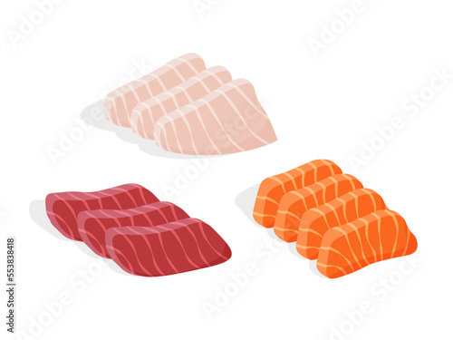 Japanese tuna, salmon and hirame sashimi. Raw sliced fish. Traditional Asian food. Vector illustration in trendy flat style isolated on white background.	 photo