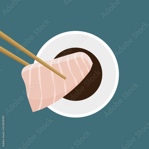 Japanese hirame sashimi. Chopsticks holding raw sliced fish dipped in soy sauce. Traditional Asian food. Vector illustration in trendy flat style isolated on white background.