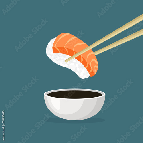 Japanese salmon sushi. Chopsticks holding raw fish dipped in soy sauce. Traditional Asian food. Top view. Vector illustration in trendy flat style isolated.