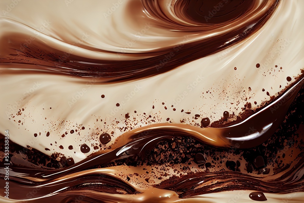 Liquid chocolate waves for coffee, bakery, brand design, product advertisement, product placement, presentation. Generative AI Liquid chocolate waves for coffee, bakery, brand design, product advertisement, product placement, presentation. Generative AI