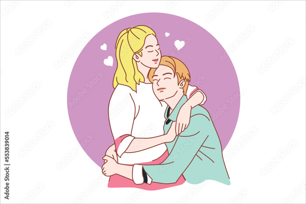 Couple lovers tenderness and romantic feelings hug kiss help each other feeling of love valentine's day cartoon vector illustration Couple lovers tenderness and romantic feelings hug kiss help each other feeling of love valentine's day cartoon vector illustration