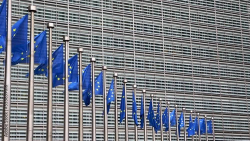 European Flags in front of the European Commission Headquarters building in Brussels, Belgium