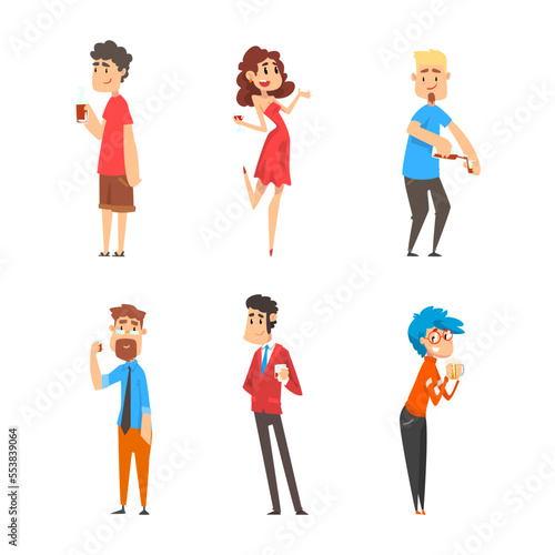 Tipsy Man and Woman Character Drinking Alcoholic Beverage Vector Set