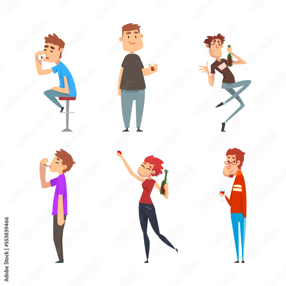 Tipsy Man and Woman Character Drinking Alcoholic Beverage Vector Set Tipsy Man and Woman Character Drinking Alcoholic Beverage Vector Set