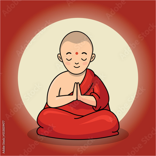 A Buddhist monk in a red robe sits in meditation. Tibetan monk meditates against the background of the sunset. Cartoon vector illustration.