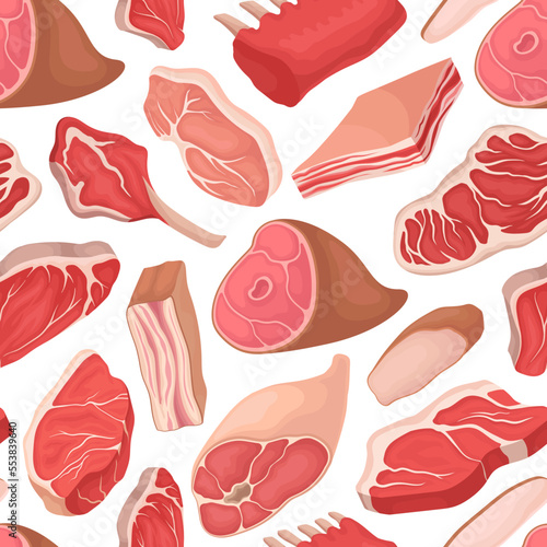 Meat Products Seamless Pattern Design with Beef Steak, Ham and Lard Vector Template