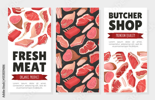 Meat Products Banner Design with Beef Steak, Ham and Lard Vector Template