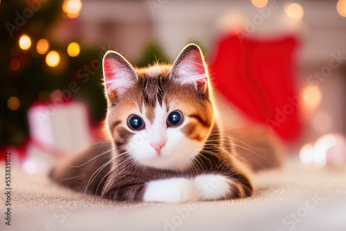 cat with christmas decorations, bokeh, interior, generative art