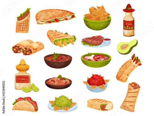 Traditional Mexican Cuisine Food with Stew, Tacos, Burrito, Nachos and Tequila Big Vector Set