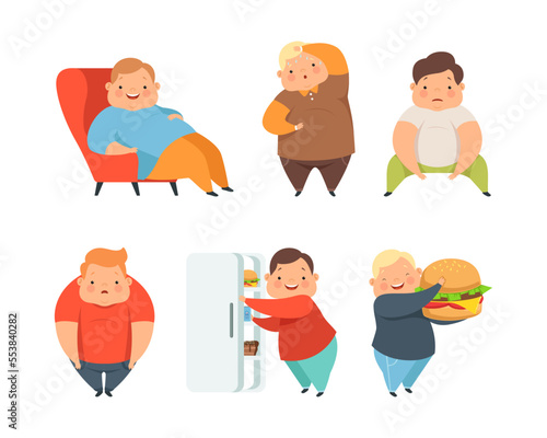 Overweight Little Children with Extra Body Fat Overeating Unhealthy Food Vector Set