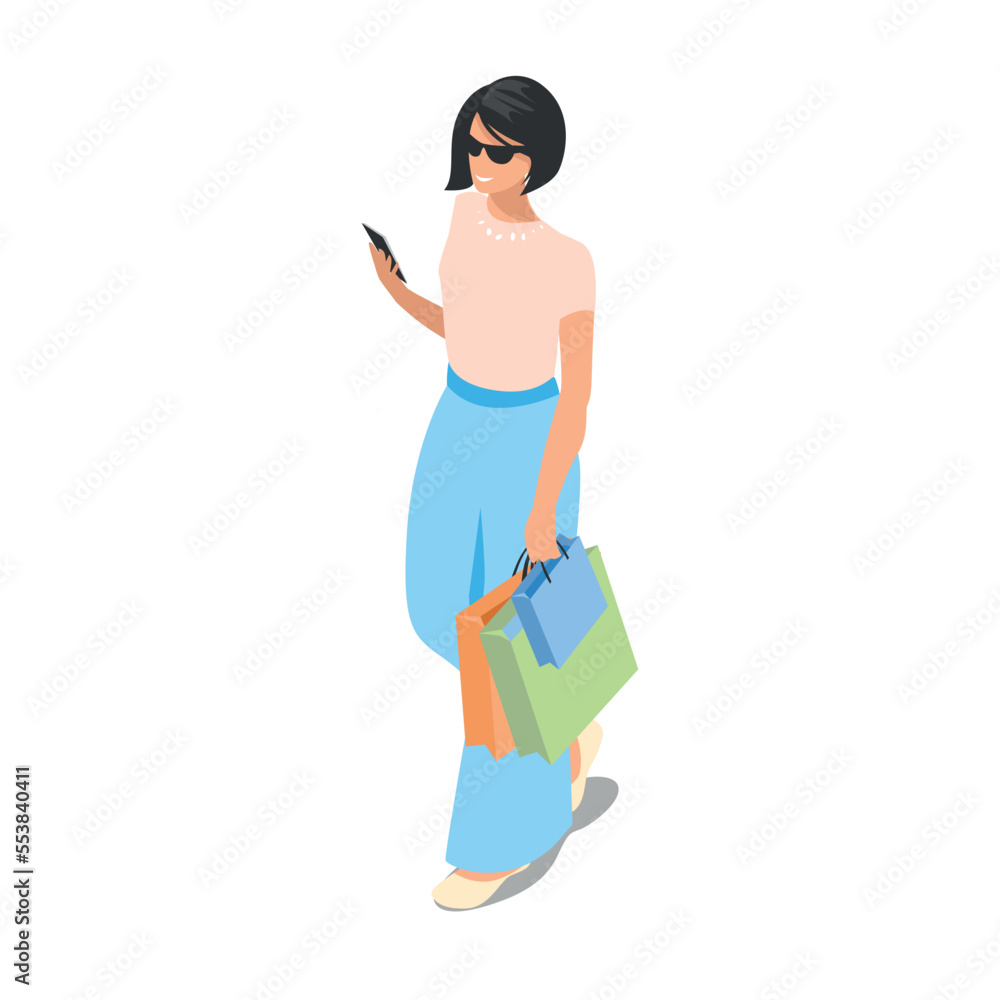 Happy girl with purchases in isometry. Day of sales and discounts. Vector illustration isolated on white background. Happy girl with purchases in isometry. Day of sales and discounts. Vector illustration isolated on white background.