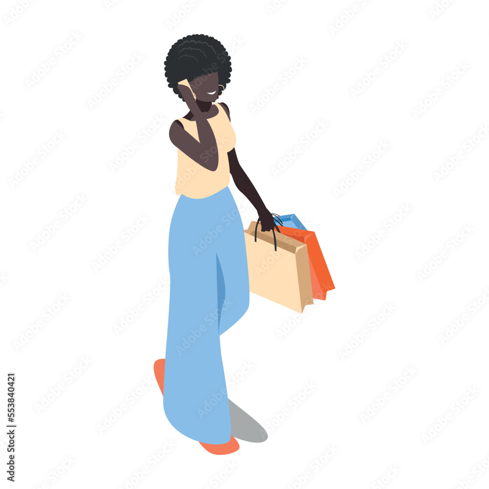 Happy girl with purchases in isometry. Day of sales and discounts. Vector illustration isolated on white background. Happy girl with purchases in isometry. Day of sales and discounts. Vector illustration isolated on white background.