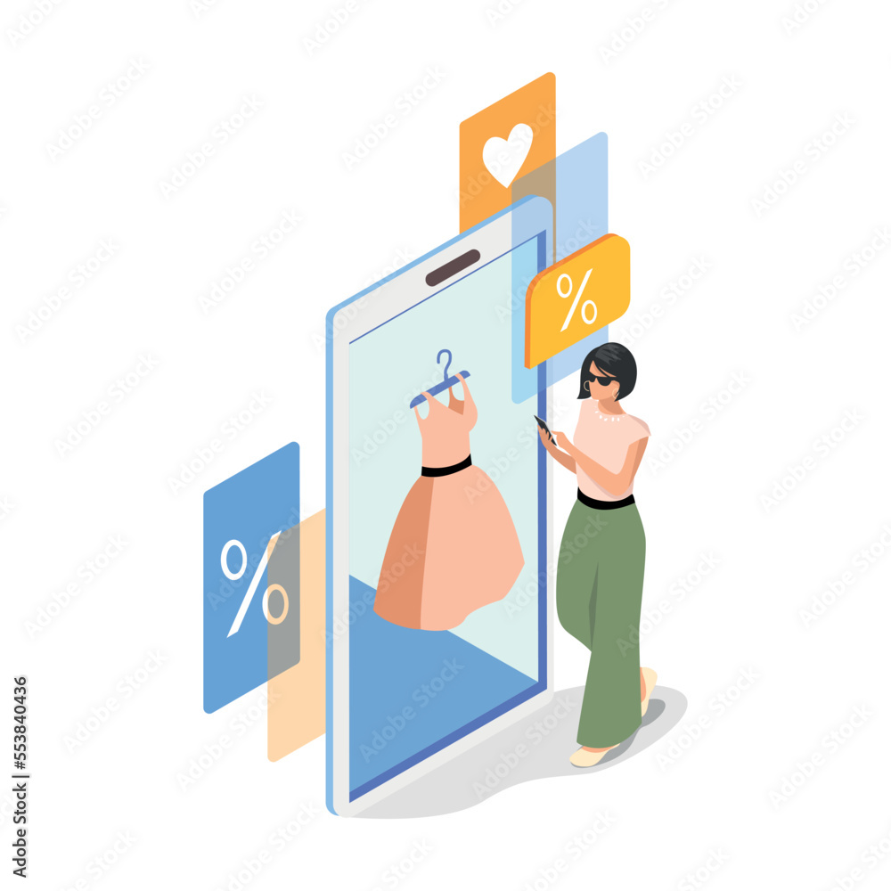 Online store in isometry. The girl makes purchases through a smartphone. Business online. Sale of goods, discounts, sales. Vector illustration. Online store in isometry. The girl makes purchases through a smartphone. Business online. Sale of goods, discounts, sales. Vector illustration.
