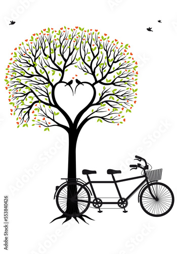 Wedding tree with heart shaped branches, green leaves and love birds, tandem bicycle, illustration over a transparent background, PNG image