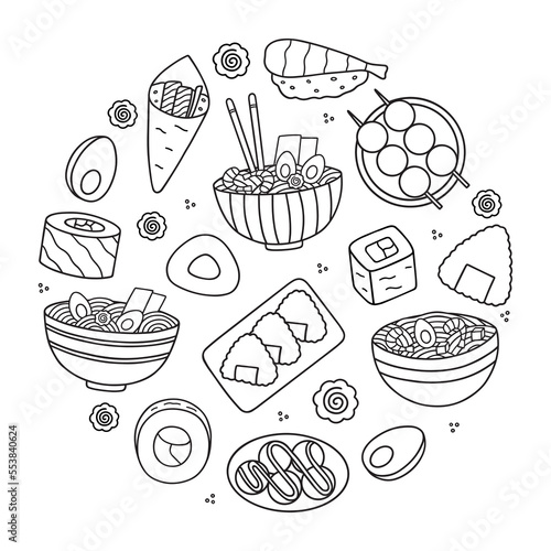 Japanese food doodle set. Asian cuisine. Ramen, sushi, onigiri, dango in sketch style. Hand drawn vector illustration isolated on white background