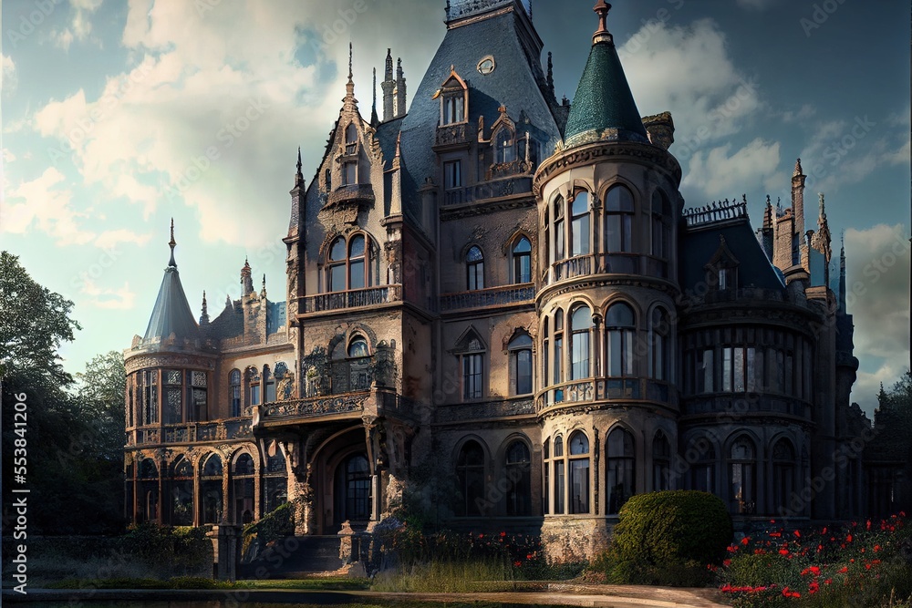 a large castle like building with a clock on the top of it's tower and ...