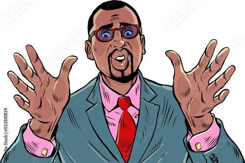 Alarmed african american businessman, hand gesture warning about danger. Stop