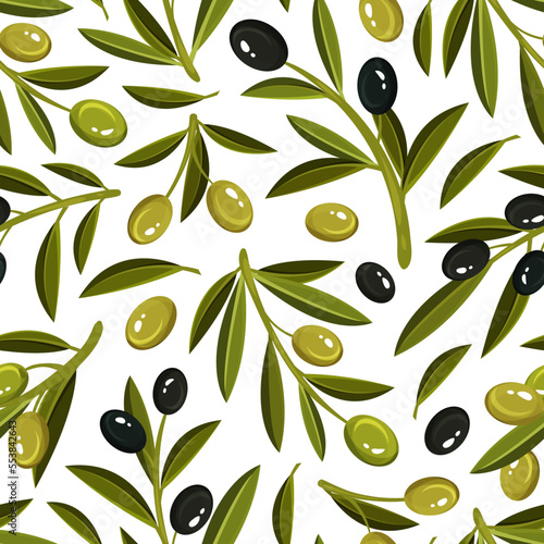 Olive Branches Seamless Pattern Design with Green and Black Fruit Vector Template