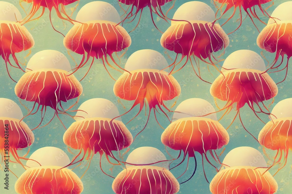Obraz premium Seamless marine pattern with beautiful jellyfish. Generative AI