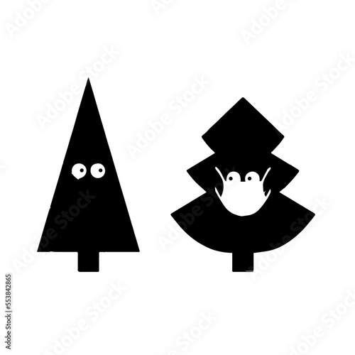 Black and white caricature of a Christmas tree with a mask