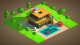 low polygonal isometric 3d cottage with garden, swimming pool and car beside
