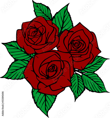 color drawing of a bouquet of three red roses with a black outline on a white background, logo, decor