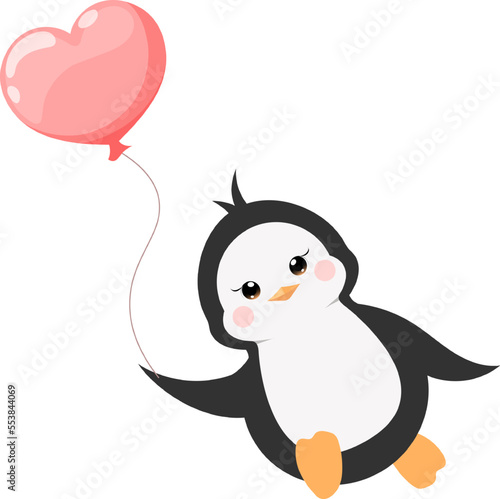 Cartoon cute penguin with heart ball on transparent background