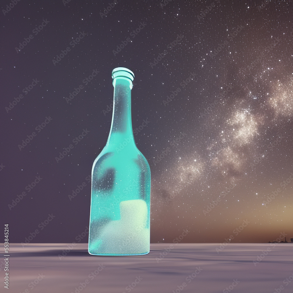 Bottle with a magic shining potion against a starry sky. AI Art. Bottle with a magic shining potion against a starry sky. AI Art.