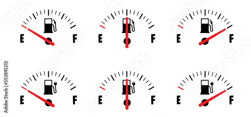 Cartoon fuel gauge. Car flling station. Petrol pump or electric plug meter. Electrical cable. Gas meter fuel pump station indicator. Level with arrow. Clock face, fuel measurements. dashboard scale.