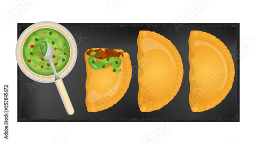 Fried empanadas with avocado sauce served on black flat plate. Top view. Latin American food. Vector illustration isolated on white background.
