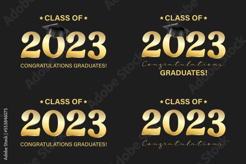 Vector illustration. Class of 2023 badge design template set in black and gold colors. Congratulations graduates 2023 banner sticker card with academic hat for high school or college graduation