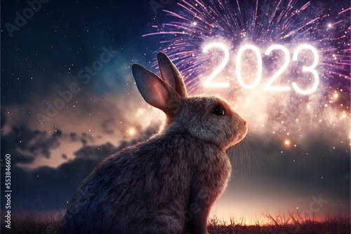 Rabbit looking at exploding fireworks. Happy new year 2023 Chinese year of rabbit Illustration. Generative Ai