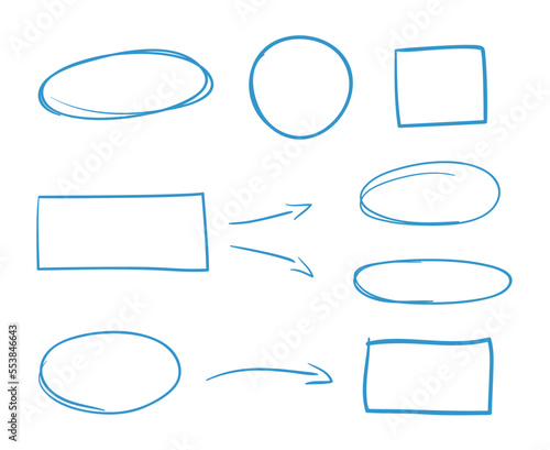 Hand drawn elements on isolated white. Hand drawn sketches. Abstract quick frames and arrows