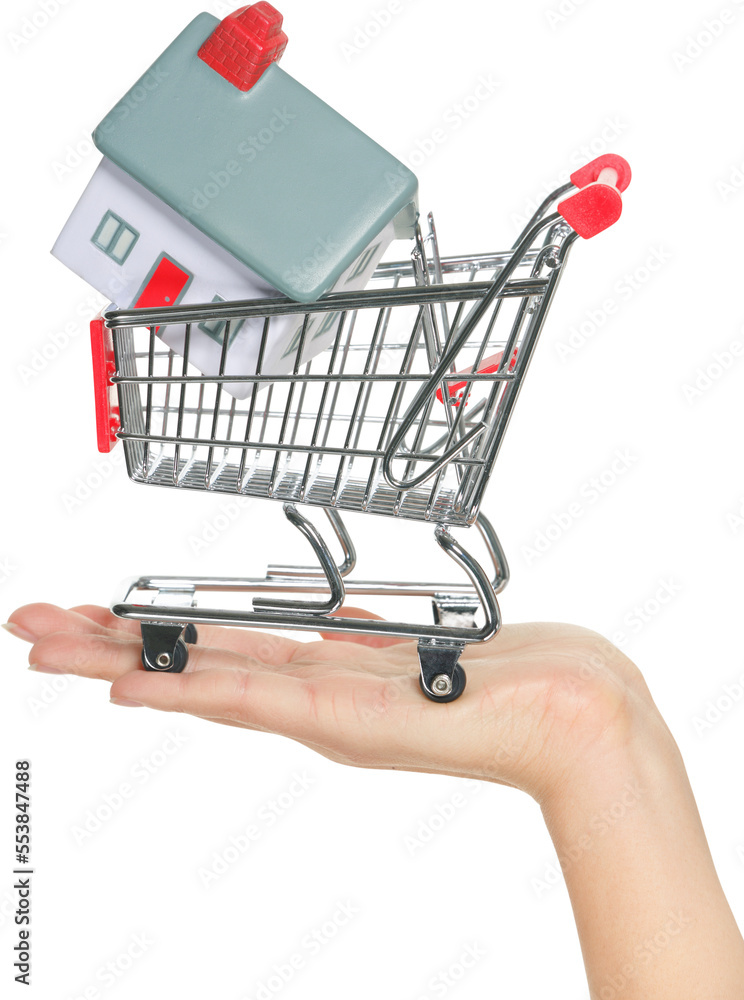 Home for sale in shopping cart concept. Hand showing mini model house in shopping cart. Buying new house, real estate and home mortgage conceptual image isolated cutout PNG on transparent background. Home for sale in shopping cart concept. Hand showing mini model house in shopping cart. Buying new house, real estate and home mortgage conceptual image isolated cutout PNG on transparent background.
