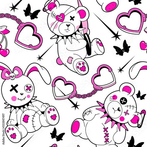 Cute Emo crue gothic toys. Creepy Y2k pink glamour goth seamless pattern. 90s, 00s aesthetic. Black butterfly, scary bear, rabbit, heart shaped handcuffs, on crazy fun 2000s style background.