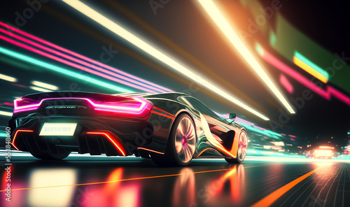 Speeding Sports Car On Neon Highway. Powerful acceleration of a supercar on a night track with colorful lights and trails. Lights of cars with night, long exposure. © Viks_jin