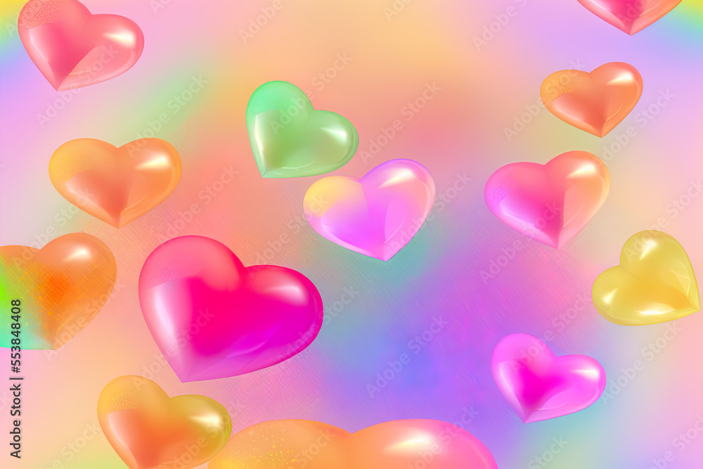 Iridescent hearts in beautiful rainbow colors for your Happy Valentine, hearts background full of love, iridescent beautiful colors, illustration, digital, ai, generated art