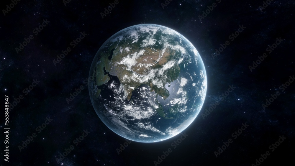 Earth in space. Blue planet wallpaper facing Asia. 3D illustration of Globe on star field background with starry sky in interstellar space. Elements of this image furnished by NASA.