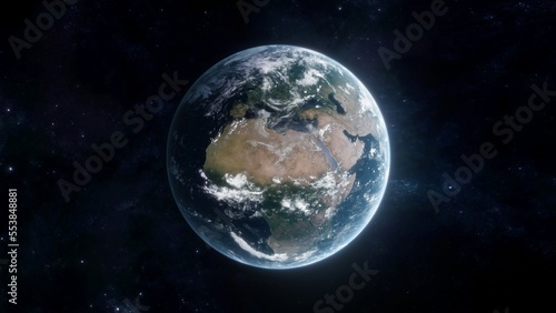 Earth in space. Blue planet wallpaper with Europe and Africa. 3D illustration of Globe on star field background with starry sky in interstellar space. Elements of this image furnished by NASA.
