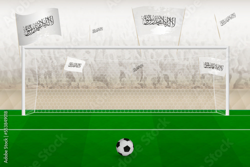 Afghanistan football team fans with flags of Afghanistan cheering on stadium, penalty kick concept in a soccer match.