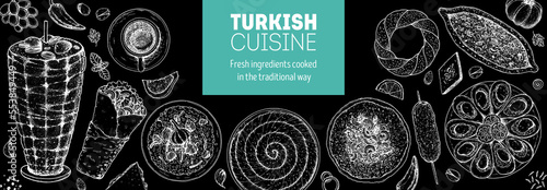 Turkish food vector illustration. Food menu design template. Hand drawn sketch. Turkish food menu. Vintage style. Doner kebab, Pita, Shawarma, Midye Dolma, Lahmacun, Borek, Pide, Pilaf