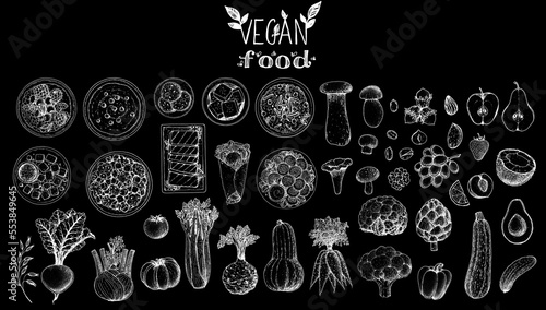 Vegan food sketch elements. Hand drawn vector illustration. Menu design template. Vegan food sketch. Design template. Product design. Great for packaging, recipe book, menu. Vegetarian food sketch set