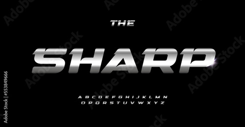 Metal sharped font, dynamic edgy letters, metallic texture typeset. Shiny steel bold italic alphabet, aluminum type. Vector gray gradient typographic design