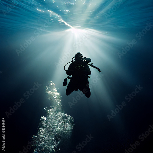 Fotografie, Obraz scuba diver in the sea, light from above, created with Generative AI