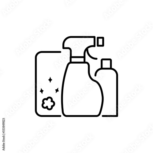 Cleaning products linear icon. Janitorial supplies, household cleaning and housekeeping thin line customizable illustration. Contour symbol. Vector isolated outline drawing.