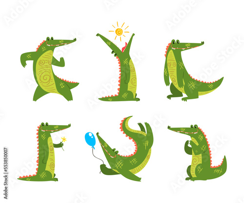 Funny Green Crocodile with Toothy Smile Engaged in Different Activity Vector Set