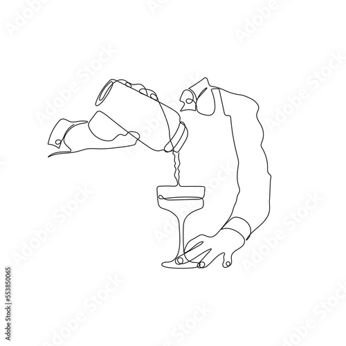 Barmen making cocktail. Bartender, barman, barista pouring drink. One line drawing style. Hand drawn vector illustration.