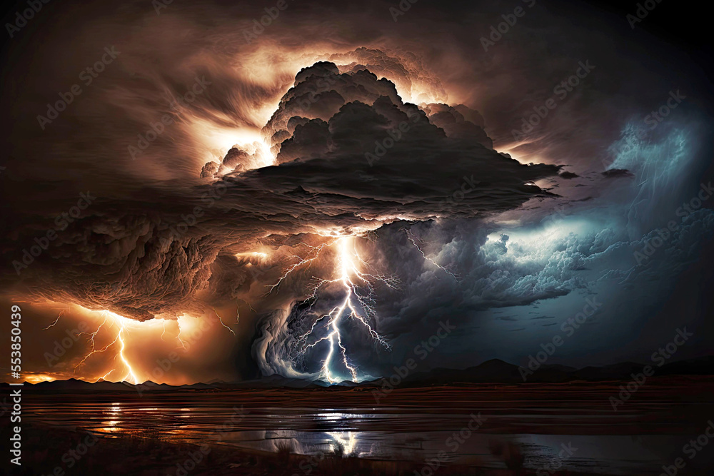 lightnings and storm clouds in dark sky - obrazy, fototapety, plakaty 