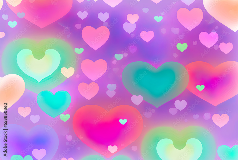 Iridescent hearts in beautiful rainbow colors for your Happy Valentine, hearts background full of love, iridescent beautiful colors, illustration, generative AI