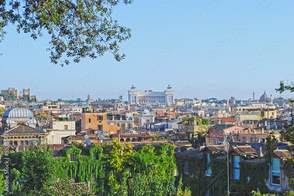 Altar of the Fatherland monument seen on the horizon from near Piazza del Popolo, Rome, Italy.